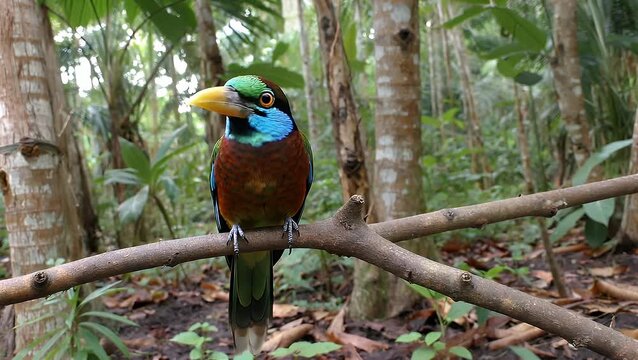 Turquoise-Browed Motmot bird perched on branch inside tropical forest environment