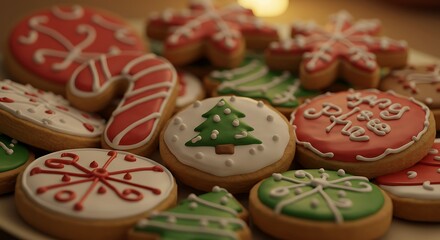 Fototapeta premium Colorful Christmas-themed sugar cookies decorated with icing in festive designs including trees, snowflakes, and stockings