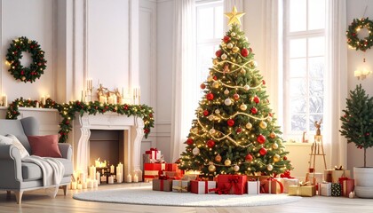 Un árbol de Navidad grande y frondoso en un salón decorado para las fiestas. El árbol está adornado con luces cálidas brillantes, bolas de Navidad rojas, doradas y plateadas, guirnaldas elegantes.