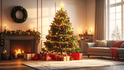 Un árbol de Navidad grande y frondoso en un salón decorado para las fiestas. El árbol está adornado con luces cálidas brillantes, bolas de Navidad rojas, doradas y plateadas, guirnaldas elegantes.