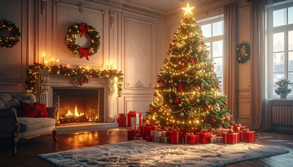 Un árbol de Navidad grande y frondoso en un salón decorado para las fiestas. El árbol está adornado con luces cálidas brillantes, bolas de Navidad rojas, doradas y plateadas, guirnaldas elegantes.