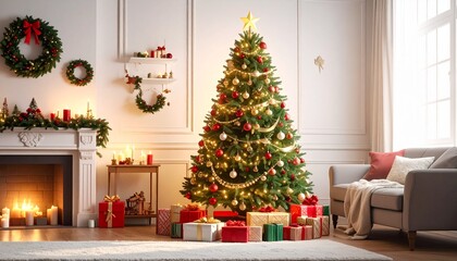 Un árbol de Navidad grande y frondoso en un salón decorado para las fiestas. El árbol está adornado con luces cálidas brillantes, bolas de Navidad rojas, doradas y plateadas, guirnaldas elegantes.