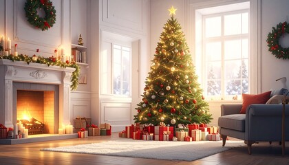 Un árbol de Navidad grande y frondoso en un salón decorado para las fiestas. El árbol está adornado con luces cálidas brillantes, bolas de Navidad rojas, doradas y plateadas, guirnaldas elegantes.