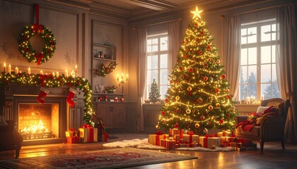 Un árbol de Navidad grande y frondoso en un salón decorado para las fiestas. El árbol está adornado con luces cálidas brillantes, bolas de Navidad rojas, doradas y plateadas, guirnaldas elegantes.