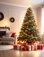 Un árbol de Navidad grande y frondoso en un salón decorado para las fiestas. El árbol está adornado con luces cálidas brillantes, bolas de Navidad rojas, doradas y plateadas, guirnaldas elegantes.