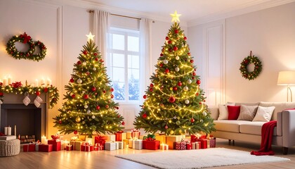 Un árbol de Navidad grande y frondoso en un salón decorado para las fiestas. El árbol está adornado con luces cálidas brillantes, bolas de Navidad rojas, doradas y plateadas, guirnaldas elegantes.