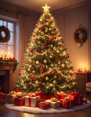 Un árbol de Navidad grande y frondoso en un salón decorado para las fiestas. El árbol está adornado con luces cálidas brillantes, bolas de Navidad rojas, doradas y plateadas, guirnaldas elegantes.