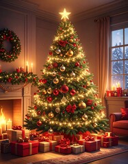 Un árbol de Navidad grande y frondoso en un salón decorado para las fiestas. El árbol está adornado con luces cálidas brillantes, bolas de Navidad rojas, doradas y plateadas, guirnaldas elegantes.