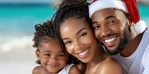 Smiling African American family wearing Santa hats, posing joyfully at the beach on a sunny Christmas day, enjoying a festive holiday filled with love and togetherness