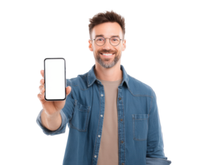 A smiling man with glasses and a denim shirt holds up a smartphone with a blank screen, isolated on a transparent background, showcasing a modern device and technology concept
