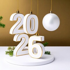 Luxury 3D 2026 White and Gold Typography with Christmas Ornaments and Festive Decorations on an Elegant Podium – New Year Holiday Celebration Design