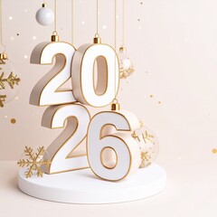Luxury 3D 2026 White and Gold Typography with Christmas Ornaments and Festive Decorations on an Elegant Podium – New Year Holiday Celebration Design