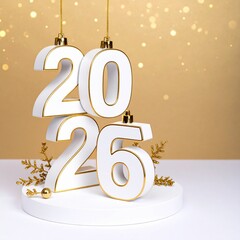 Luxury 3D 2026 White and Gold Typography with Christmas Ornaments and Festive Decorations on an Elegant Podium – New Year Holiday Celebration Design