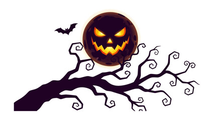 Spooky Halloween Silhouette: A captivating illustration featuring a glowing jack-o'-lantern moon, bat, and gnarled tree branches against a backdrop of mystery.