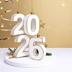 Luxury 3D 2026 White and Gold Typography with Christmas Ornaments and Festive Decorations on an Elegant Podium – New Year Holiday Celebration Design