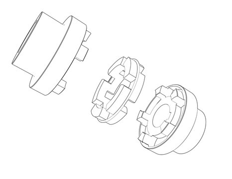 Structural Wireframe Outline Illustration of a Spline Coupling Mechanism. Detailed Exploded View Machine Part Drawing for Automotive and Manufacturing Process Design. Black and White Drafting Art.