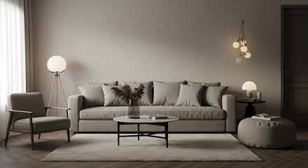 Modern Minimalist Living Room with Neutral Colors and Stylish Lighting