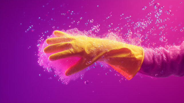 yellow rubber cleaning glove covered in soap bubbles on pink background, conceptual hygiene and household cleaning design for advertising, posters, banners, and editorial use