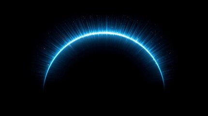 Abstract blue light arc glowing on black background with radiating beams