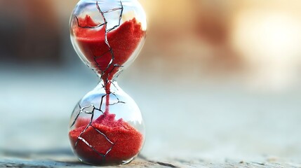hourglass. A cracked hourglass with red sand, symbolizing urgent health warnings in midlife. wellbeing guides, coaching materials, designed for mental health education and mindfulness programs.