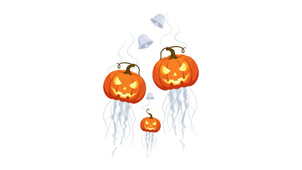 Enchanted Pumpkin Jellyfish: Whimsical Halloween illustration featuring glowing jack-o'-lanterns transformed into mesmerizing jellyfish floating in the dark, casting a spell of spooky delight.