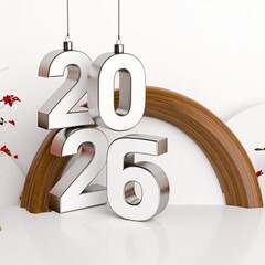 Luxury 3D 2026 White and Gold Typography with Christmas Ornaments and Festive Decorations on an Elegant Podium – New Year Holiday Celebration Design