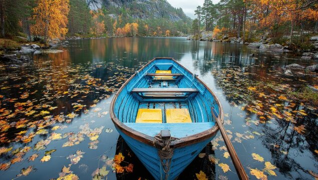 Blue rowboat floating on a lake with autumn foliage. Mountains and trees in the background