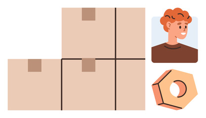 Obraz premium Stacked shipping boxes arranged neatly beside a workers portrait and a geometric toolpiece. Ideal for logistics, teamwork, manufacturing, packaging, supply chain, warehouse, delivery concepts. Simple
