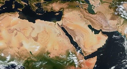 Satellite View of Middle Eastern and North African Region with Deserts and Water Bodies