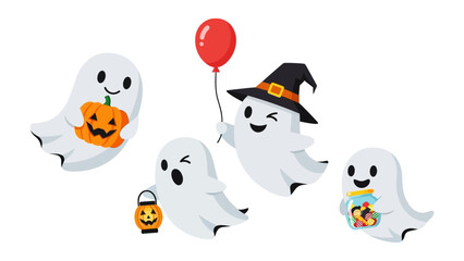 Spirited Gathering: Adorable animated ghosts, each with its own unique character, prepare for Halloween with treats and festive accessories. It's a scene of playful fun and whimsical delight.