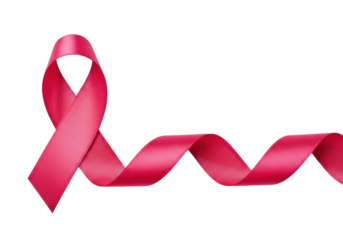 A vibrant pink satin ribbon, intricately formed into a breast cancer awareness loop, gracefully extends on a transparent background with copy space, concept of breast cancer awareness and support