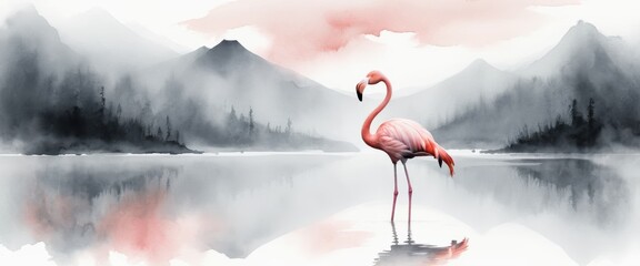 Serene Watercolor Flamingo in Misty Mountain Landscape