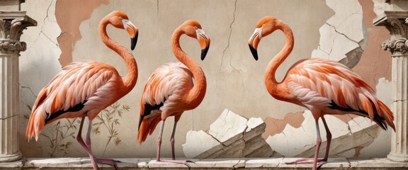 Three Elegant Pink Flamingos Against Ancient Ruins