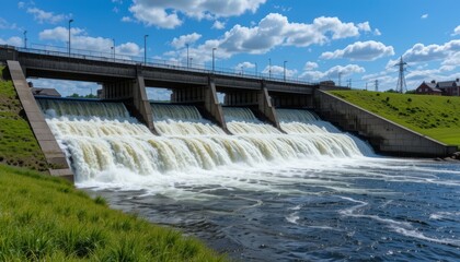 Hydroelectric Dam with Cascading Water Under Blue Sky