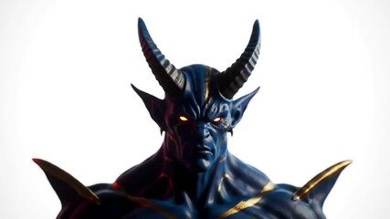 Blue-skinned horned figure with glowing eyes and golden markings against a blurred white backdrop, creating a surreal effect - Powered by Adobe