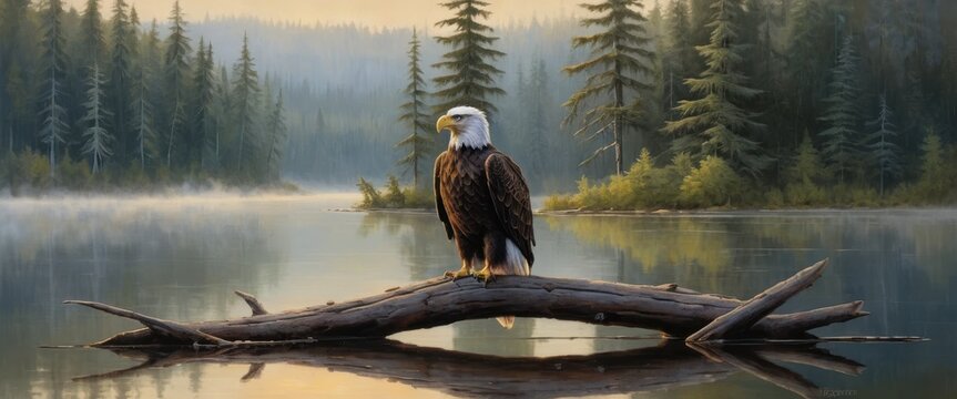 Majestic Bald Eagle on Misty Forest Lake Log