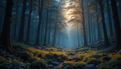 Misty Forest Path with Golden Light