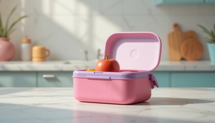 Pink Lunchbox with Fresh Apple on Kitchen Countertop