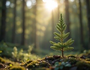 Young Evergreen Sapling in Sunlit Forest