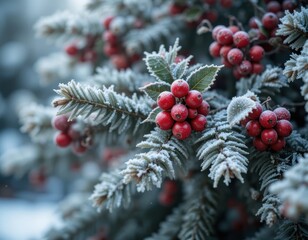 Winter Berries and Frosted Evergreen