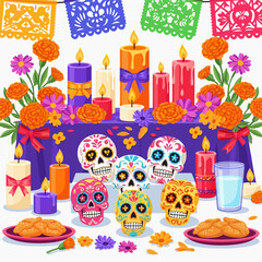 Mexico's Dia de los Muertos Ofrenda A Vibrant Day of the Dead Culture, Tradition, and Festival Display with Marigold Flowers and Calavera Skulls, evoking the spirit of Catrina