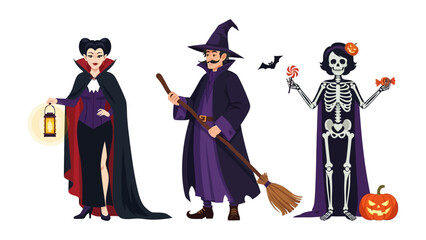 Halloween Trio: A witch, vampire and skeleton are ready to celebrate Halloween. Each figure embodies the magic of Halloween. They are symbols of spookiness and wonder.