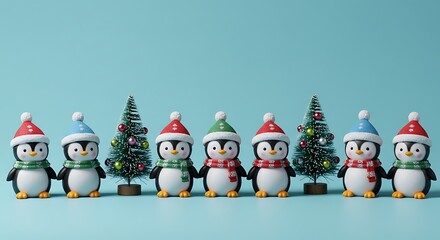 Row of festive penguin figurines wearing holiday hats and scarves, with small decorated Christmas trees on a blue background