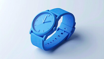 A monochromatic blue wristwatch with a minimalist design, featuring a round face, simple hands, and a solid-colored silicone strap, is presented against a light blue background
