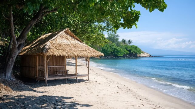 A beach hut with a thatched roof stands on a sandy beach near a tree and the ocean on a sunny day - Powered by Adobe