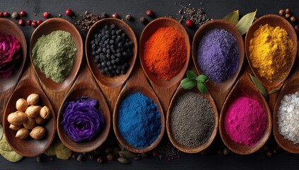 Vibrant array of colorful spices and botanicals in wooden spoons, arranged on a dark surface.  A top-down view showcases the diverse hues and textures of the ingredients