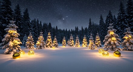Snow-covered pine trees illuminated by golden lights under a starry night sky in a winter forest