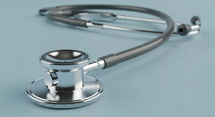 Close up of a shiny modern stethoscope resting on a cool blue background symbolizing healthcare diagnosis and patient care