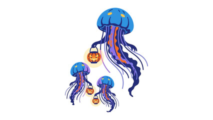 Fototapeta premium Halloween Jellyfish with Pumpkin Lanterns: A whimsical depiction of colorful jellyfish, each carrying a carved pumpkin lantern, floating serenely in an ethereal underwater realm.