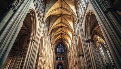 Imposing architectural interior showcases towering columns and vaulted ceilings, bathed in natural light and intricate detailing; a majestic space with soaring arches and stained glass accents,...